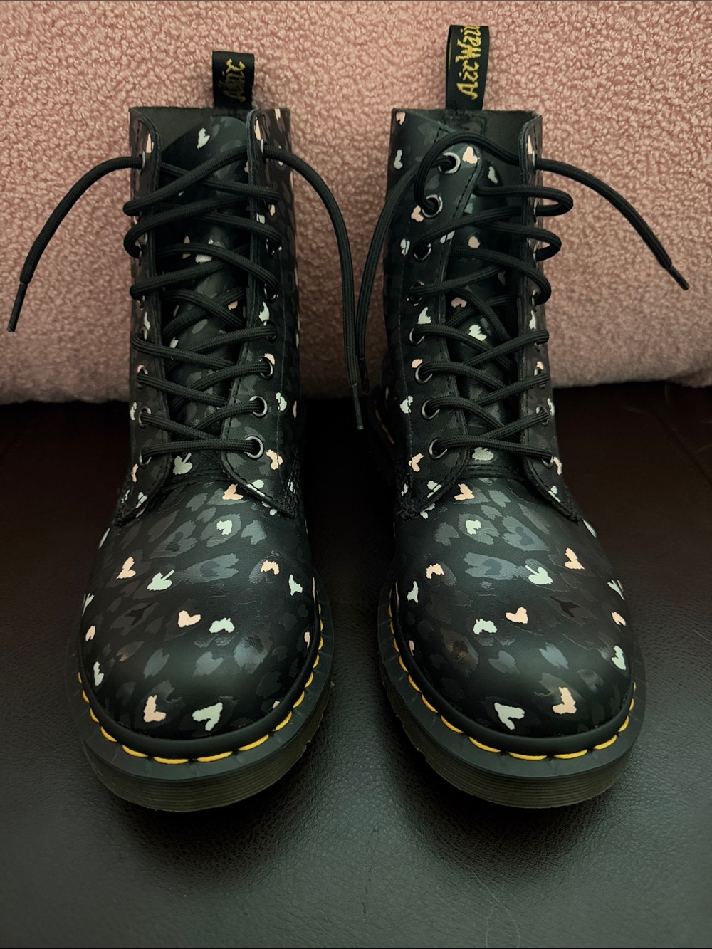 Dr. Martens Black Lace-Up Boots with Pastel Heart Print